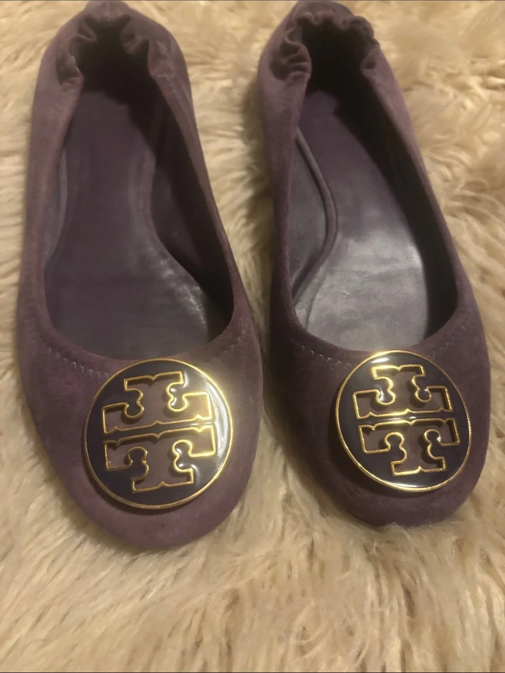 Tory Burch Plum Suede Ballet Flats with Gold Logo